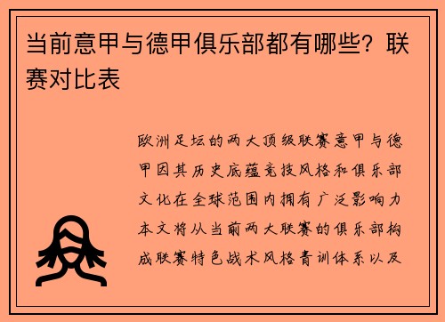 当前意甲与德甲俱乐部都有哪些？联赛对比表