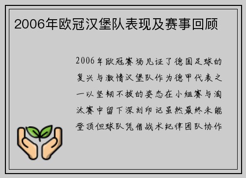 2006年欧冠汉堡队表现及赛事回顾